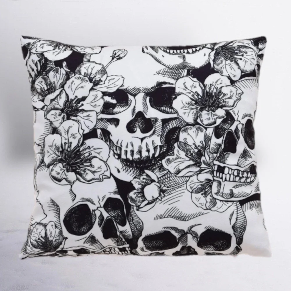 Pillow Cover Skulls Zipper Closure Large Black White Square 17.7 X 17.7 inches